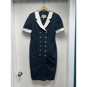 Vintage 1980s Monochrome Pinstripe Double Breasted Military Blazer Dress 10